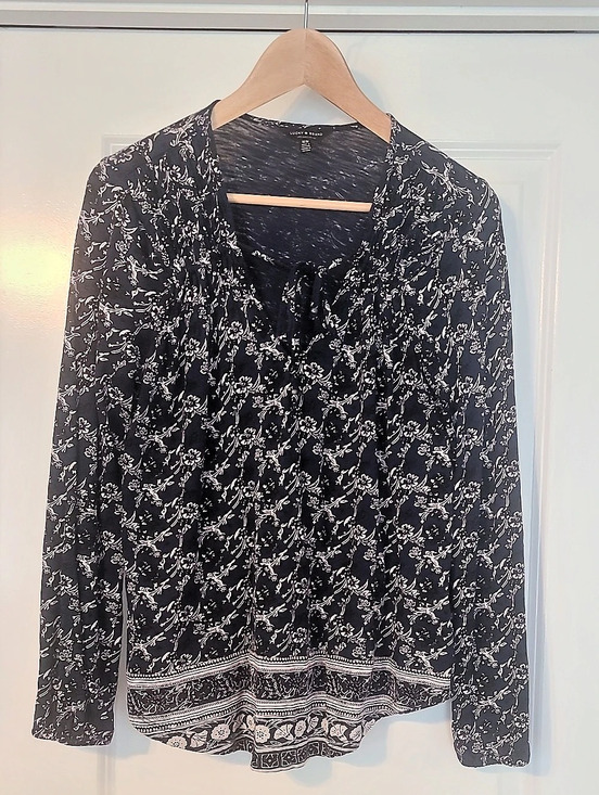 Lucky Brand Tops - Lucky Brand Black and White Floral Tie-Neck Long Sleeve Blouse Navy, Blk & White